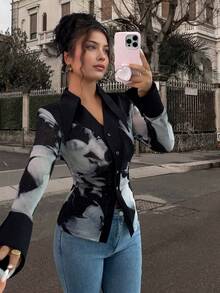 Women's Slimming Watercolor Print Mesh Patchwork Pointed Collar Blouse, Fashionable Y2K Outfits For Dating, Spring And Autumn.Casual Outfits Spring Clothes For University Fall Cloth For Women - Black - View 8