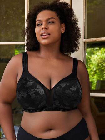 Wingslove Plus Size Minimizer Bra, Wireless Wide Straps Jacquard Full Coverage Non Padded