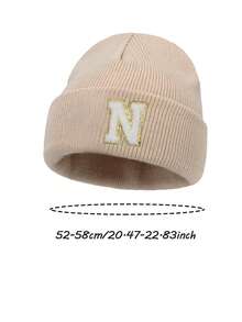 1顶男女通用个性化刺绣A-Z字母弹力针织帽，时尚街头嘻哈针织帽，适合秋冬季日常佩戴 - 米色 - 查看 11