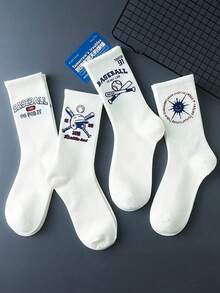 5双男女通用棒球字母图案中筒袜，街头运动风，适合日常穿着，秋季款