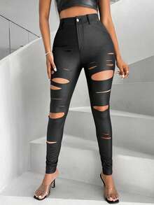 Pantalones Típicos de Veracruz con Agujeros Uniformes | Zapatos Negros de Tacón Alto | Look Urbano Moderno para Mujeres Mexicanas - Negro - Ver 1