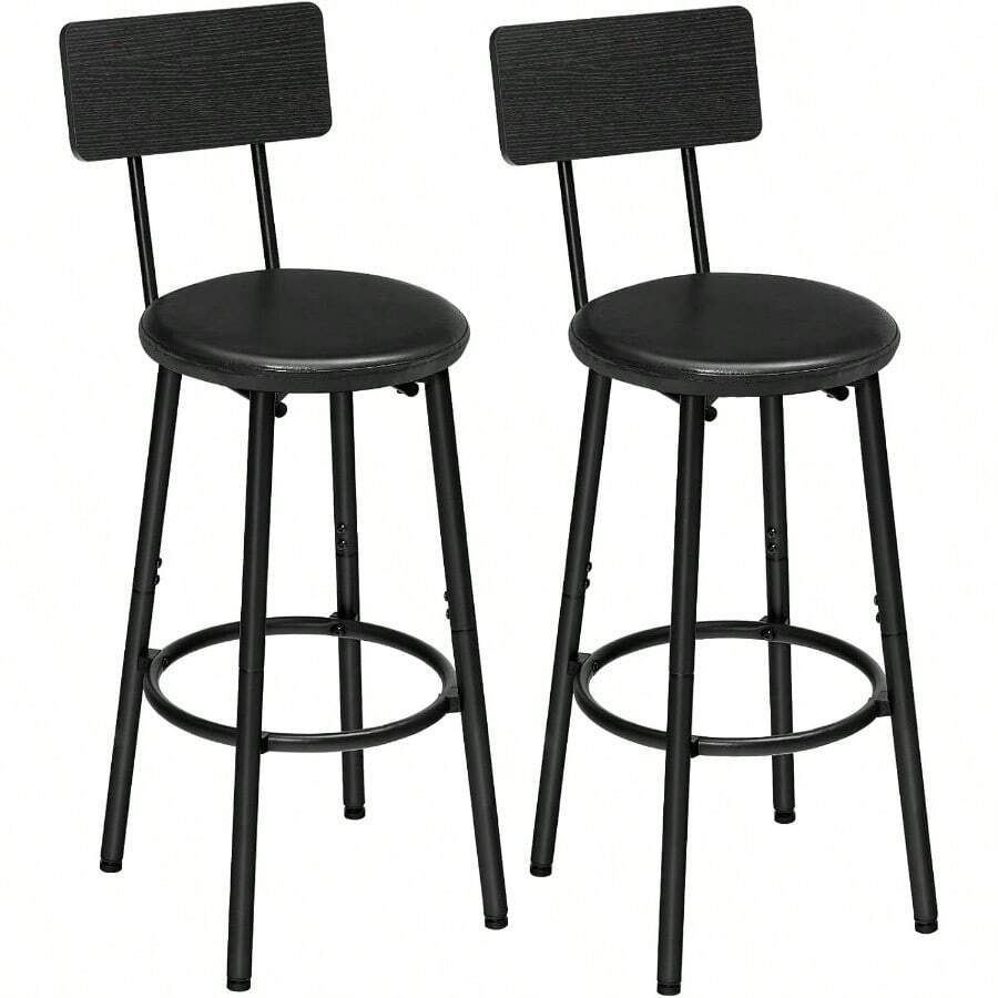 Bar Stools, Bar Stools Set Of 2 With PU Upholstered, Bar Chairs With Footrest And Back, 26 Inch Bar Stools Kitchen Island, Dining Room, Easy To Assemble, Rustic Brown And Black BF31BY01G1 - 黑色 - 查看 1
