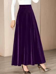 Women's Elegant Velvet Fabric A-Line Skirt, Autumn/Winter - Purple - View 6