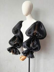 1pc Black Mesh Petal Sleeve, 2pcs Elastic 4-Layer Dark Bride Sleeve Cuffs - Multicolor - View 27