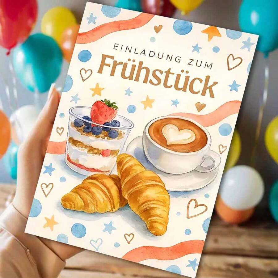 德国成人早餐邀请卡 - 酸奶芭菲、拿铁和羊角面包“Frühstück”问候语（含信封） - 彩色 - 查看 1