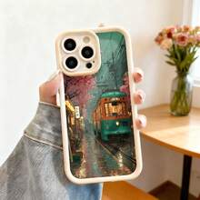 Cubierta de teléfono con borde negro diseño tren japonés en calle mojada con flores de cerezo y farolas estilo anime para uso diario y viajes - Burdeos - Ver 4