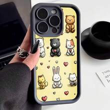 Cubierta de teléfono con borde negro y diseño amarillo con estampado de animales kawaii corazones y texto amor para uso diario y regalo - Negro - Ver 2