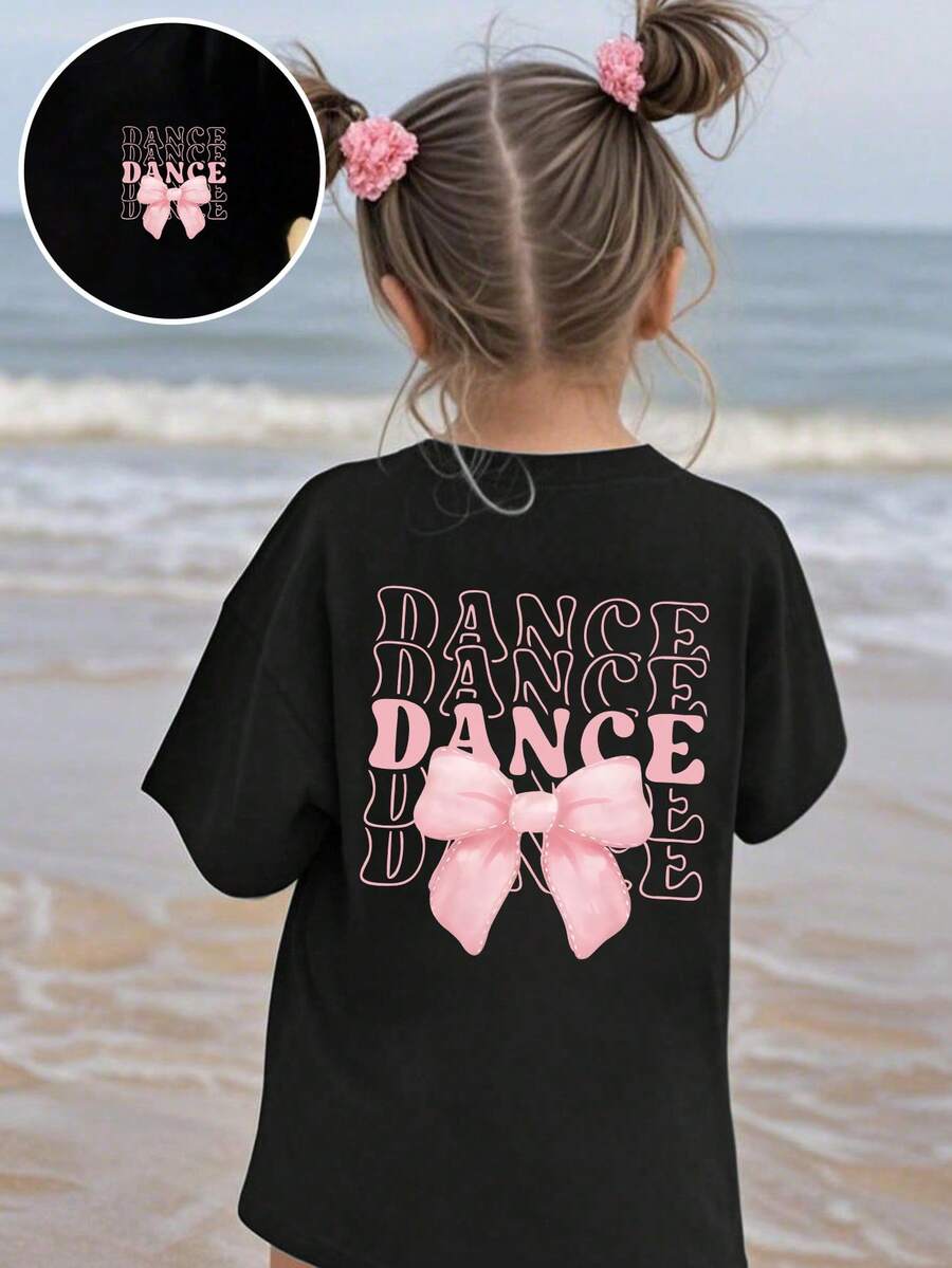 女童蝴蝶结印花短袖休闲上衣，夏季 - 黑色 - 查看 1