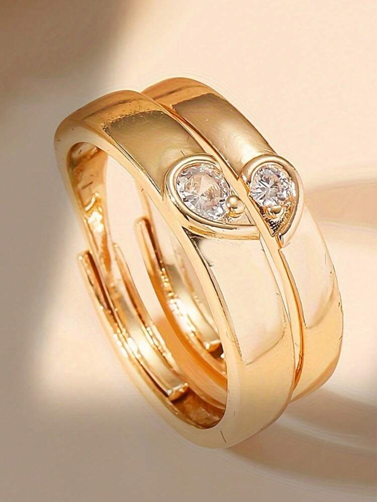 2 anillos de pareja asimétricos, un par de anillos con forma de corazón, un anillo de simulación de boda abierto con diamante y una caja de regalo sencilla para hombres y mujeres - caja de regalo para anillos de pareja - Añade 4