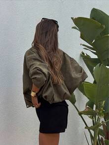 女士休闲街头风纯色宽松拉链外套，秋冬款 - 軍綠色 - 查看 3