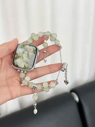 1PC Fashionable Adjustable And Replaceable AppleWatch Band, Featuring Round Beaded Cat's Eye Stones, Suitable For 38/40/41/42/44/45/46/49mm, Compatible With AppleWatch Series Ultra/SE/10/9/8/7/6/5/4/3/2/1, High-End Pearl Heart-Shaped Pendant Women's Elegant Bracelet Watchband, Suitable As A Gift For Friends