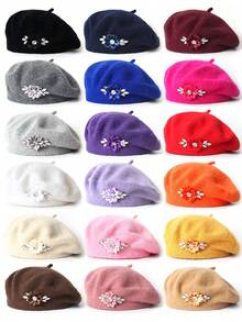 1 件女士彩色蝴蝶结花朵羊毛纯色贝雷帽，休闲百搭