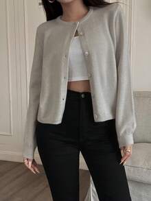 Áo len cardigan ngắn tay cài nút cho nữ Áo len dệt kim gân Y2K Áo khoác ngoài cho bé gái Áo phông - Màu Xám nhạt - Xem 5