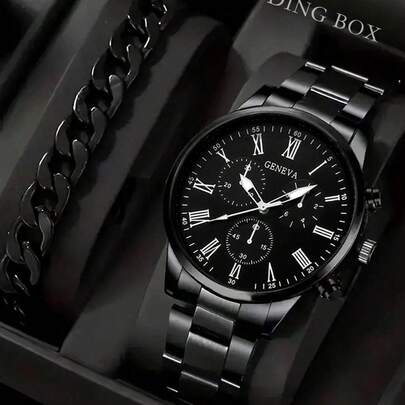 2pcs/Set Minimalist Casual Men's Quartz Watch, Includes 1 Stylish Silver Metal Strap Watch And 1 Matching Bracelet. The Watch Strap Is Made Of Silver Metal Material, Paired With A Cuban Link Bracelet. The Multi-Dial Roman Numeral Design Showcases A Fashionable And Refined Look. Comfortable To Wear, Suitable For Daily Business Commute.