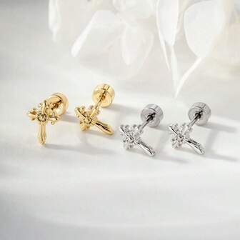 1pc Fashionable Chic Iris Cross Stud Earrings, Suitable For Women, Sweet & Stylish For Party Jewelry, Christmas Gift
