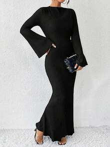 Women's Elegant Ruffle Round Neck Dress, Flared Long Sleeve, Ribbed Texture, Business & Banquet Party Gown, Spring Outfits For Women - 黑色 - 查看 4