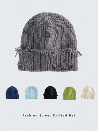 Gorro de punto unisex deshilachado, estilo urbano, de color liso, cálido, ideal para exteriores, ideal para parejas y estudiantes, ideal para uso diario, otoño/invierno.