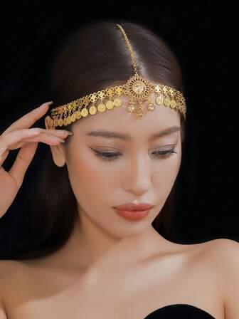 A New Gold Zinc Alloy Style Headchain Adopts The Style Of Arabic Head Pattern, Gold Silver Tassel Design, Inlaid With Champagne Large Gems To Meet The Young Girls To Wear On Holiday Occasions, Highlighting Elegance Wedding Hair Accessories