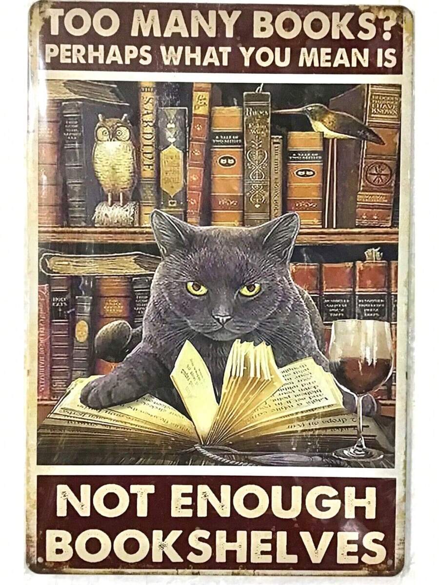 TIN SIGN 8x12 Black Cat Pet Books Bookshelf Owl Read Reading Wine Library C65 - 1 - 查看 1