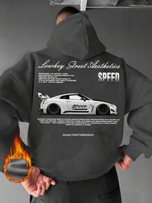 GRDR 男士连帽衫，汽车元素印花，袋鼠口袋，秋冬新款街头时尚 - 深灰色 - 查看 2