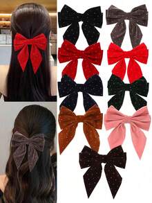 1个时尚大号红色蝴蝶结发夹，优雅女孩发饰，适合日常佩戴和圣诞节，发饰，新年魅力，爪夹，发夹，发卡 - 燙鑽酒紅 - 查看 3