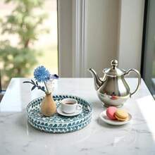 Round Wooden Marble Serving Tray With Handles 12.5 Inch Lacquer Mother Of Pearl Inlay Mosaic Design Leaf Style Tray For Tea And Breakfast Elegant Decorative Tableware For Home Dining And Gift Use - 葉子樣式 - 查看 4