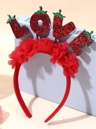 1pc Valentine's Day Hairband For Girls Red Mesh Glitter Headband Sparkly Glitter 'LOVE' Bow Hairband Bling Strawberry Hair Hoop Girls Valentine's Day Headpiece Teens Hair Accessories