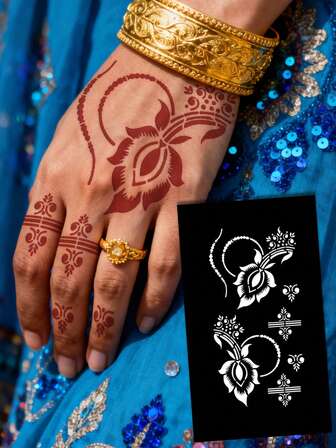 Plantilla de tatuaje hueco dibujado a mano Hana Minimalismo Hana Novia Elegante Encaje Mandala Flor Patrón Pegatina Adecuado para manos, pies, hombros, cuello, clavícula Pegatina de tatuaje falso semipermanente 1 paquete