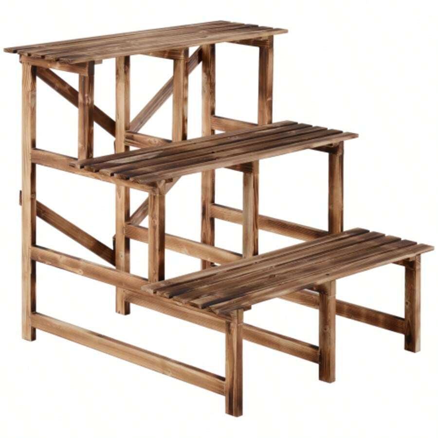Outsunny Plant Ladder Flower Shelf 3 Steps Made Of Fir Wood 80 X 80 X 78cm For Garden Balcony & Terrace - Ginger - View 1