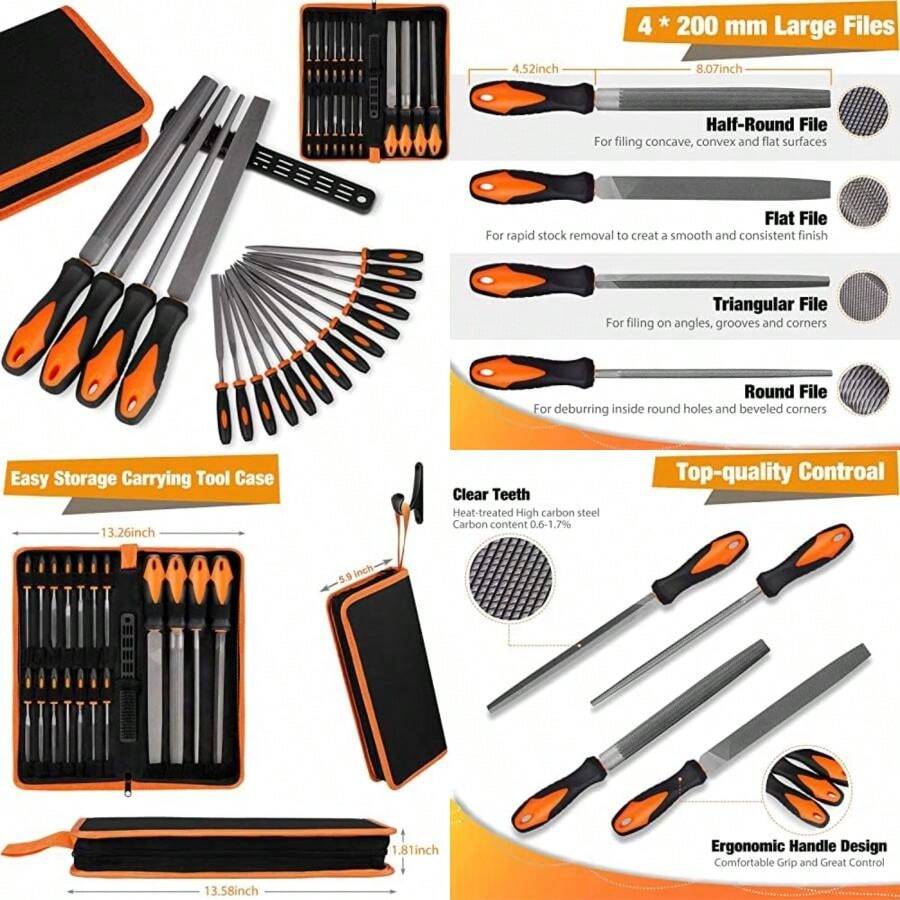 Conjunto de Archivos, Juego de Limas y Escofinas de 19 Piezas de Equipaje de Mano, Kit de Limas Multiusos Incluye Aguja, Plana, Redonda, Semiredonda, Triangular y cepillo, 4x 200mm, 14x 110mm(default) - Multicolor - Ver 1