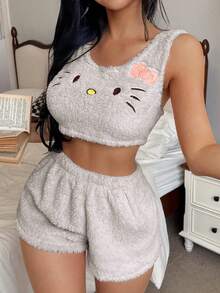 Sanrio [WONDER WORLD]2pcs Hello Kitty Valentine's Day Women Plush Camisole Top + Elastic Waist Shorts Cute Pajama Set - Coffee Brown - View 6
