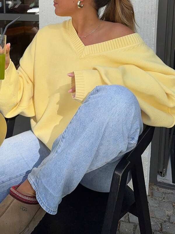 Roupas femininas de outono Live To Mo, volta às aulas, temporada, gola V, manga comprida, malha, amarelo manteiga, casual, blusas fofas para sair, femininas