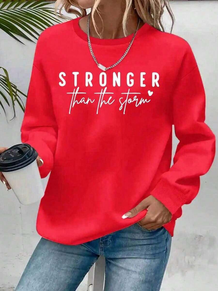 Hoodies For Women2025Women's "STRONGER Than The Storm" Motivational Crew Neck Sweatshirt - Vibrant Green Casual Pullover With Heart Accents, Cozy Fall - 紅色 - 查看 1