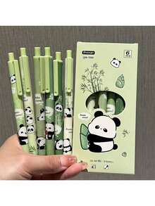 6pcs/Box Panda Themed Retractable Ballpoint Pens, Suitable For Student Stationery, Prizes, Gifts, Back To School - Multicolor - View 3