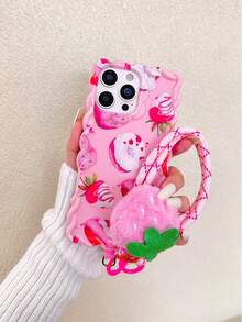 Strawberry Cake Wavy Edge Painted Plush Strawberry Chain Soft Shell Cute Case Compatible With IPhone 17/17 Pro/ 16/15/XR/7P 8P/P12 Pro Max/P13 Pro Max/P14 Pro Max/P13/P14/P11/P12/P14, XS/S/XS Max/7 8 GES2, Fashionable Thick Protective Phone Cover - Multicolor - View 7