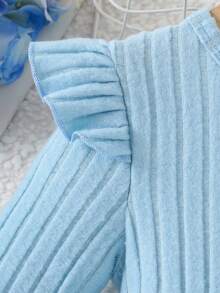 女童拉绒罗纹盖袖圆领长袖雪花网眼连衣裙，秋冬 - 淺藍色 - 查看 4