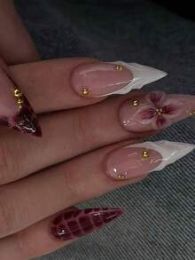 10片手工制作杏仁形紫红色豹纹法式美甲假指甲，手工四瓣花造型，饰以手工绘制的紫红色豹纹扎染法式尖角，点缀手工绘制的3D线条装饰和金色珠子，优雅浪漫的极简奢华美甲贴纸，适合日常佩戴、约会、音乐会和轻度商务场合，是送给女性和女孩的绝佳礼物。 - 彩色 - 查看 4