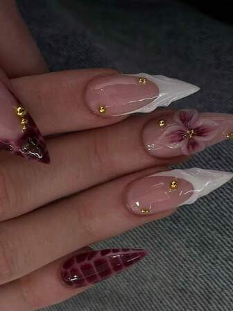 10pcs Handmade Almond-Shaped Fuchsia Leopard Print French Manicure Fake Nails, Handcrafted 4-Petal Flower With Hand-Painted Fuchsia Leopard Tie Dye French Tips, Accented With Hand-Painted 3D Line Decor And Gold Beads, Elegant And Romantic Minimalist Luxury Nail Stickers Suitable For Daily Wear, Dates, Concerts And Light Business Occasions, Great Gift For Women And Girls