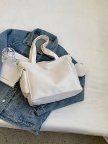 2024 New Fashion Classic Clown Solid Color Large Capacity Patch Pocket Design Two-Way Convertible Shoulder Bag, Ideal For Campus Use. Campus Tote Bag, Book Organizer, Spacious Design, Water-Resistant Material, Built-In Laptop Compartment-Perfect For Back-To-School Season And Middle/High School Campus Life. - 白色 - 查看 2