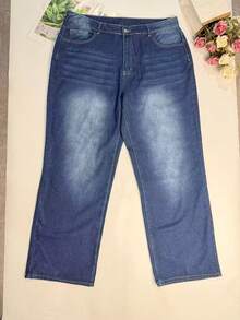 Plus Size Women's Mid-Rise Washed Denim Jeans, Vintage Distressed Non-Stretch Jeans - Dark Wash - View 6