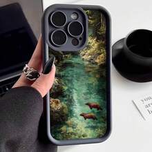 Cubierta de teléfono con borde negro diseño de río bosque y osos naturaleza para uso diario y viajes - Café integral - Ver 3