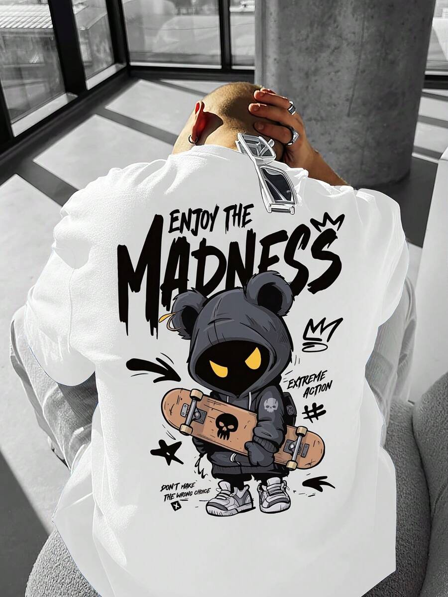 Men's "Enjoy The Madness" Streetwear T-Shirt - Oversized Style With Bear And Skateboard Print, Crew Neck For Urban Fashion And Skate Culture (Machine Washable) - 白色 - 查看 1
