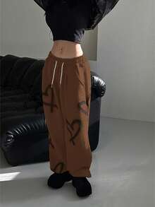 Women's Autumn/Winter Random Heart Print Drawstring Waist Sports Pants, Y2K Style Wide Leg Sweatpants, Suitable For Daily Wear, Commuting And Workout - Brown - View 3