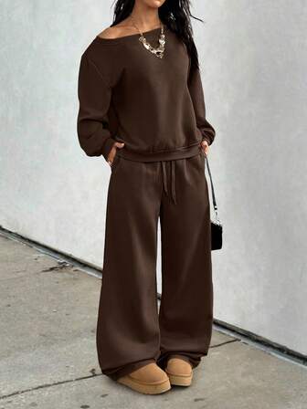 GLOpass Casual Solid Color Off-Shoulder Loose Sweatshirt And Pants Two Pieces Set For Women, Versatile For Daily Wear, Autumn/Winter