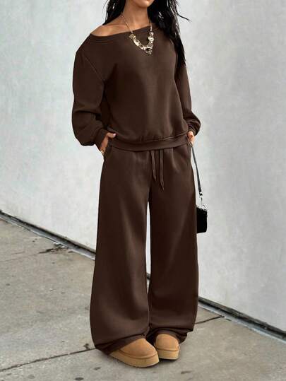 GLOpass Casual Solid Color Off-Shoulder Loose Sweatshirt And Pants Two Pieces Set For Women, Versatile For Daily Wear, Autumn/Winter Spring