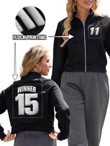 Custom Women's Short Jacket ,Fall Clothes For Women,Winter Clothes For Women,Halloween Clothes Women,Flocked Print, Half-Zip Stand Collar. Casual Black Outerwear,Perfect For Going Out, Shopping, Holidays, Parties, Gatherings Or Travel.Running Wear