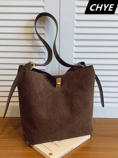 1pc Women's Suede Shoulder Bag Bucket Bag, Handbag, Shopping Bag,With Adjustable Strap,Large Capacity Oversized,Scratch Resistant And Wear-Resistant,Fashionable Autumn And Winter Styles,Suitable For Shopping, Commuting, Work, Dating, Daily Travel,Solid Color,For Women, Rookies & White-Collar Workers,College Students,Lady