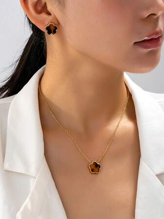 1 Set Minimalist Elegant Cross-Border Fashion Petal Shaped Earrings & Necklace Jewelry Set, Suitable For Western Outfit Accessory