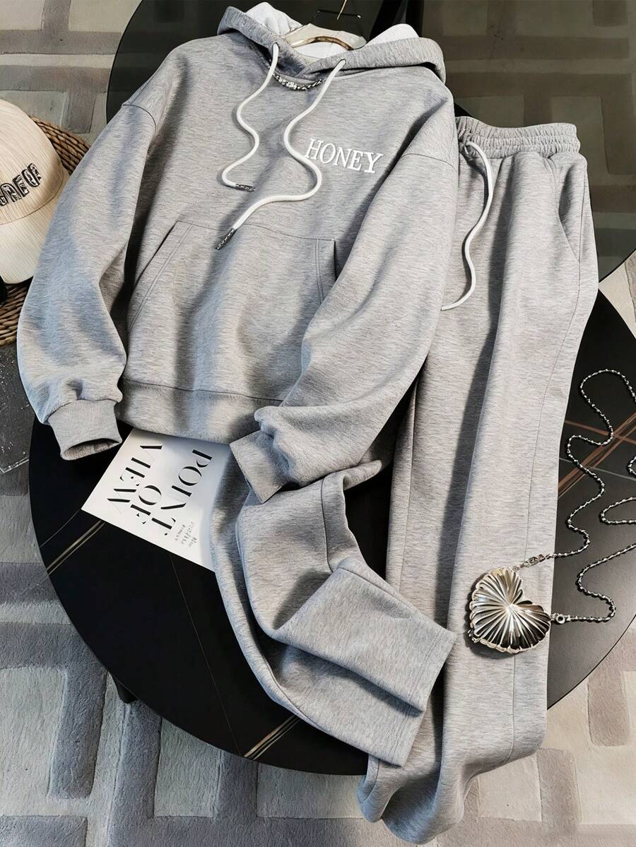 女士新款时尚休闲舒适灰白拼接撞色蜂蜜刺绣弹力腰两件套，纯色设计，适合秋冬春季休闲、居家、日常、户外、通勤穿着。 - 灰色 - 查看 1