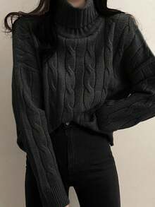 Turtleneck Sweater For Women, Loose Fit Short Style, Long Sleeve Cable Knit, Autumn/Winter - Black - View 4